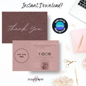 Vintage Thank You Card Editable Canva Template, QR Code, Customizable Customer Business Packaging Insert, 4x6", Romantic Printable Postcard