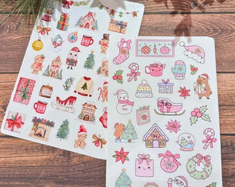 Christmas Sticker Sheet - Pink and Gingerbread Themed, Seasons Greetings, Matte Vinyl