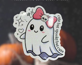 Holographic Ghost Sticker: Kawaii Skull Bow, Waterproof Vinyl Decal