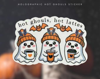 Holographic Ghost Vinyl Sticker: Kawaii Skull Bow, Hot Lattes