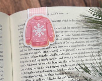 Magnetic Christmas Sweater Bookmark: Bookish Gift, Pink Snowflake Sweater