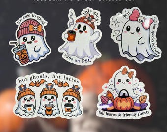Holographic Ghost Sticker Set: Kawaii Halloween Vinyl Decals