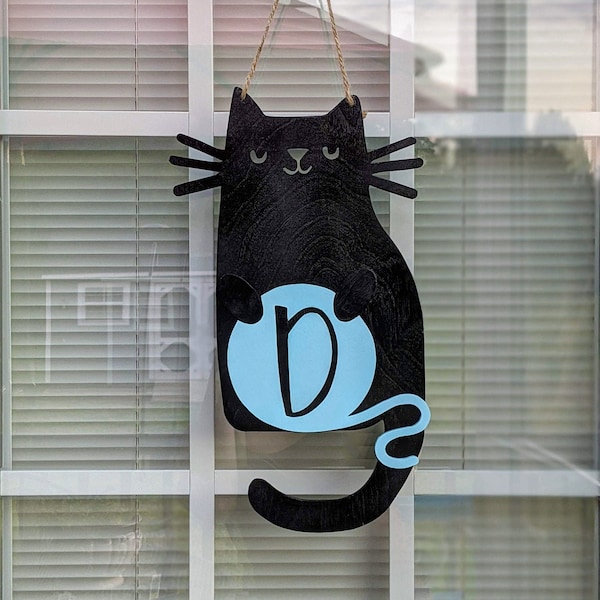 Handcrafted Custom Cat and Yarn Ball Door Hanger - Unique Gift for Cat Lovers