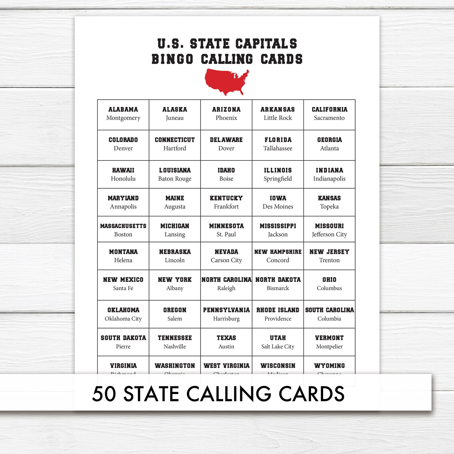 US State Capitals Bingo Printable Bingo For School Distance Etsy