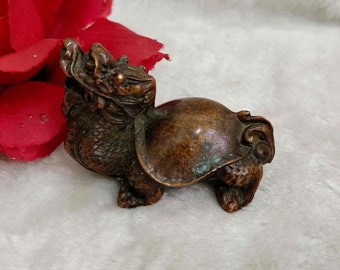 Solid Brass Hand Carved Dragon turtle Statue, home decoration, creative and cute decorations E3697