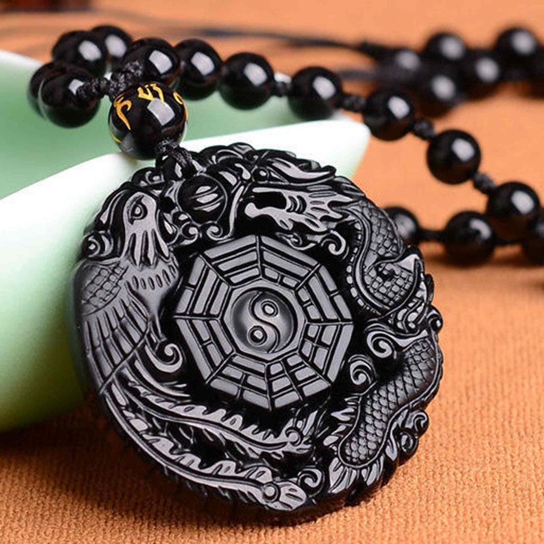 Natural Obsidian Carved Dragon and Phoenix Amulet Pendant / Necklace - Etsy