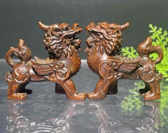 A pair Exquisite Chinese Brass Carved Qilin Statue, home decoration, creative and cute decorations