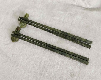 Natural Jade Handmade Chopsticks, Dragon turtle Stop, Two Pairs, Natural Color, Kitchen Gifts