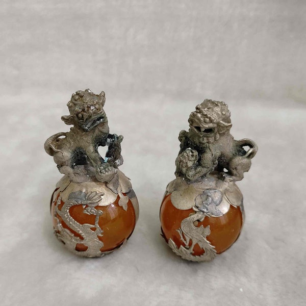 A pair unusual vintage Buddhist lion and cub / foo dogs F460