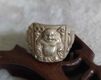 Antique Tibet silver carved Buddha ring (US 11 1/2),  traditional old-style ring, retro creative gift. F702