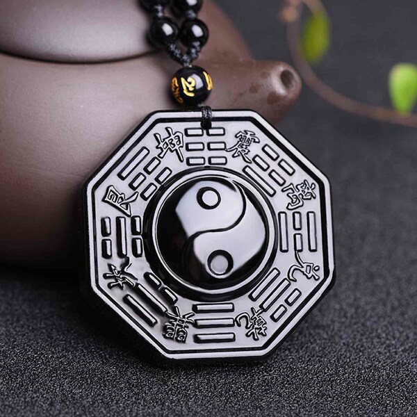 Natural obsidian carved Tai Chi Amulet pendant / Necklace