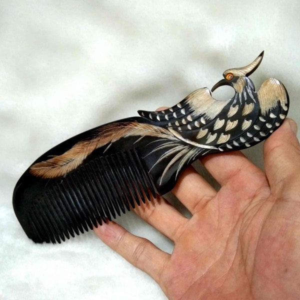 High-grade horn comb, carved Phoenix image comb, anti-static comb, wedding gift F112