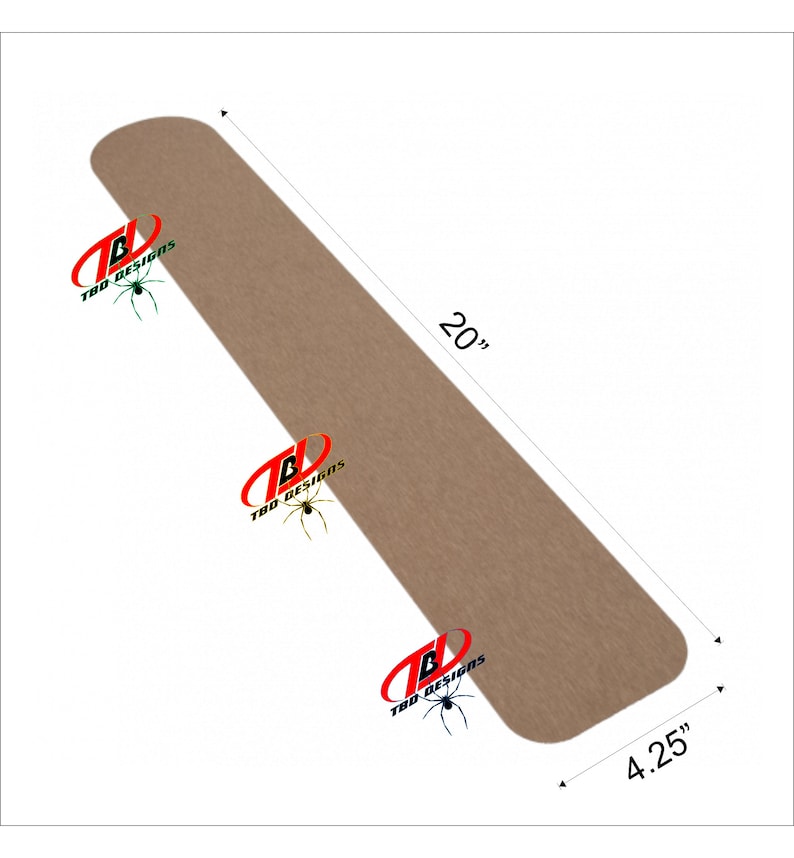 May include: A brown, rectangular, craft paper sticker with rounded edges. The sticker is 20 inches long and 4.25 inches wide. The sticker has the text "T&D Designs" printed on it three times.