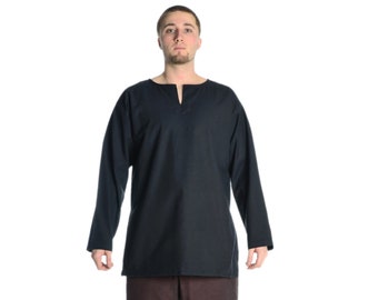 May include: A dark navy long-sleeved tunic with a v-neck and brown trousers. The trousers have a gathered design at the ankles. The outfit is suitable for historical reenactments or themed events.