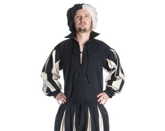 Camisa Landsknecht com cadarço, preta, bege, algodão Titurel, bicolor | Roupas HEMAD LARP