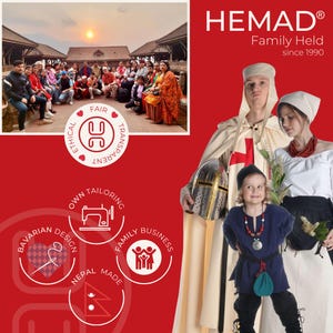 Pode incluir: Imagem promocional vermelha com o texto "HEMAD Family Held since 1990." A imagem inclui um grupo de pessoas e pessoas vestidas com trajes hist&oacute;ricos. A imagem tamb&eacute;m inclui o texto "ETHICAL FAIR TRANSPARENT OWN TAILORING BAVARIAN DESIGN FAMILY BUSINESS NEPAL MADE."