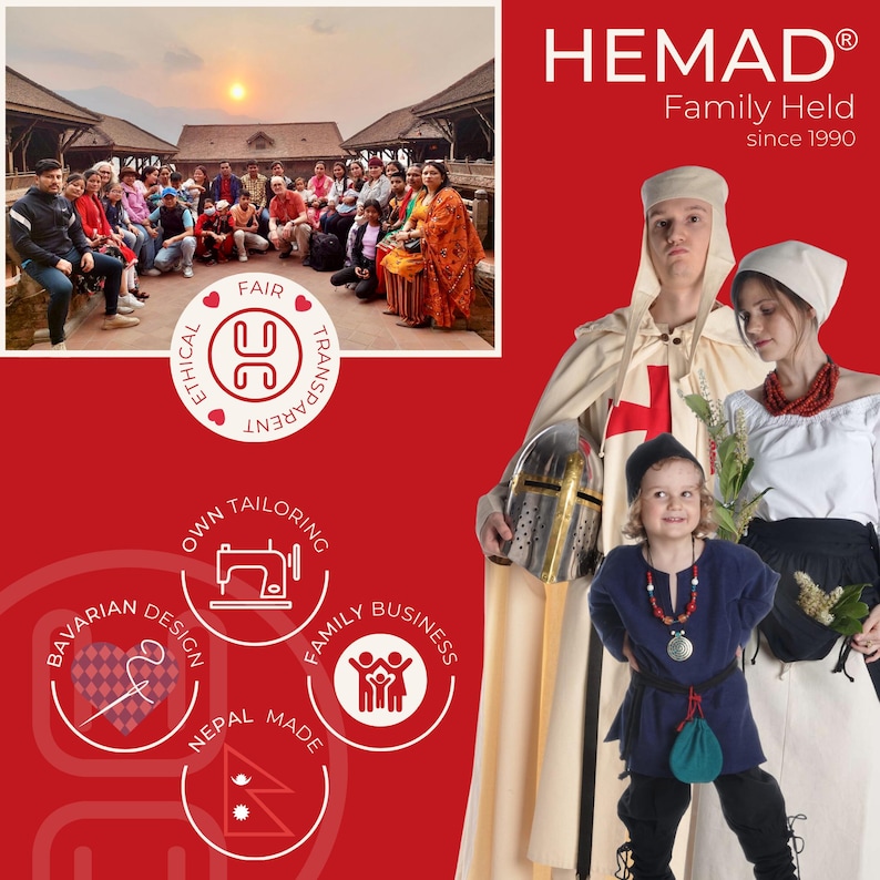 Pode incluir: Imagem promocional vermelha com o texto "HEMAD Family Held since 1990." A imagem inclui um grupo de pessoas e pessoas vestidas com trajes hist&oacute;ricos. A imagem tamb&eacute;m inclui o texto "ETHICAL FAIR TRANSPARENT OWN TAILORING BAVARIAN DESIGN FAMILY BUSINESS NEPAL MADE."