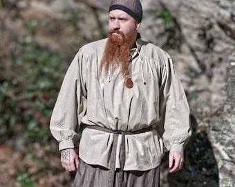 Middeleeuws veterhemd Artus-stijl, katoen | Middeleeuws LARP-piratenhemd | Piratenhemd met vetersluiting, wijde mouwen en opstaande kraag | HEMAD-kledingstuk