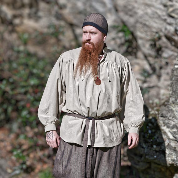 Mittelalter Schnürhemd Artus Baumwolle | Mittelalterliches LARP Piratenhemd | Pirat Hemd zum Schnüren Pluderärmel Stehkragen | HEMAD Gewand