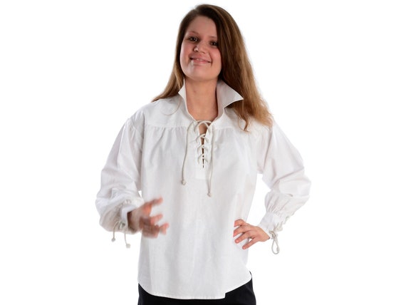 Medieval Blouse Hildburg Cotton White, Black Medieval Gothic LARP Lace-up  Blouse Ladies Collar Blouse Lacing HEMAD Garb 