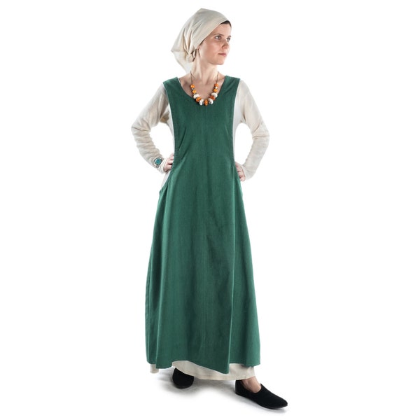 Medieval Surkot Viking overdress LARP Rischoyde made of cotton brown, green, white | Medieval Robe Dress Surcot | HEMAD