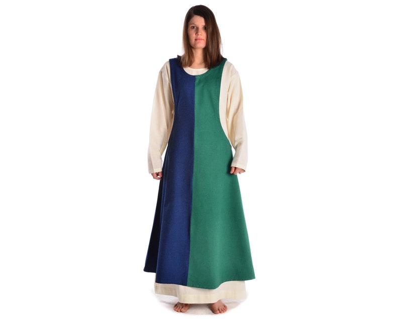 Medieval Surkot Mi-Parti Overdress Two-Tone Irekel Made of Cotton Medieval dress HEMAD Blau-Grün