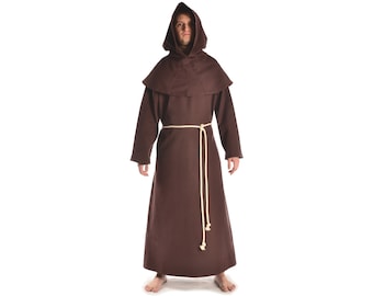 Medieval robe for monk, priest, sorcerer | Medieval cowl (set: tunic, hood, knit) made of cotton in brown, beige and black