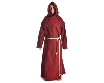 Medieval robe for monk, priest, sorcerer | Medieval cowl (set: tunic, hood, knit) made of cotton in green, blue, red | HEMAD