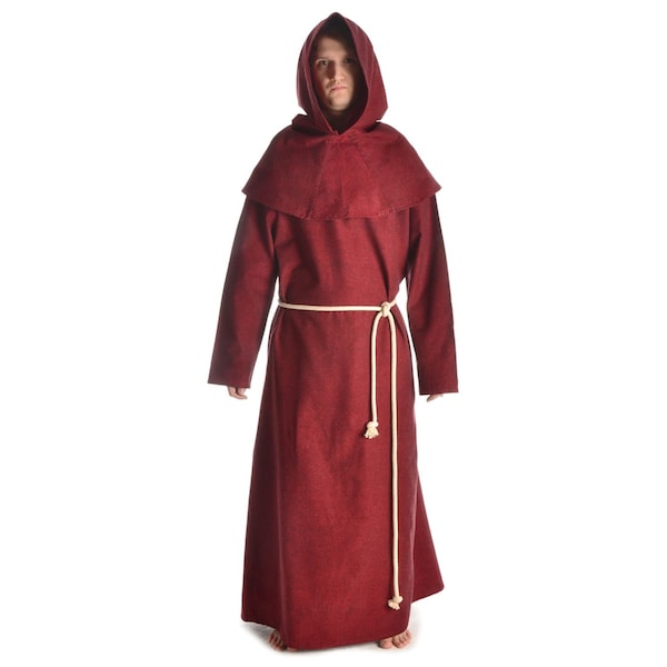 Mittelalter Robe für Mönch, Priester, Hexer | Mittelalterliche Kutte (Set: Tunika, Kapuze, Strick) aus Baumwolle in Grün, Blau, Rot | HEMAD