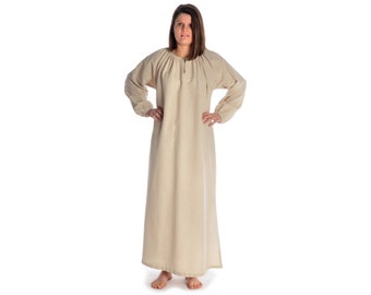 Wikinger Kleid LARP Unterkleid Cotte Verandi Baumwolle Hanffarben | Mittelalterliches  / Damen mit Rundkragen & Seitenschlitze | HEMAD
