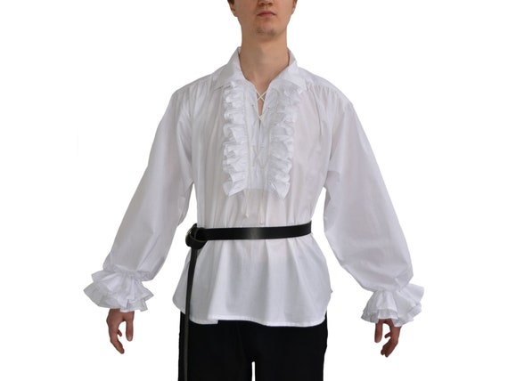 Medieval Renaissance Shirt Ecru 100% Cotton Laced Front & Cuffs Mandarin Collar 