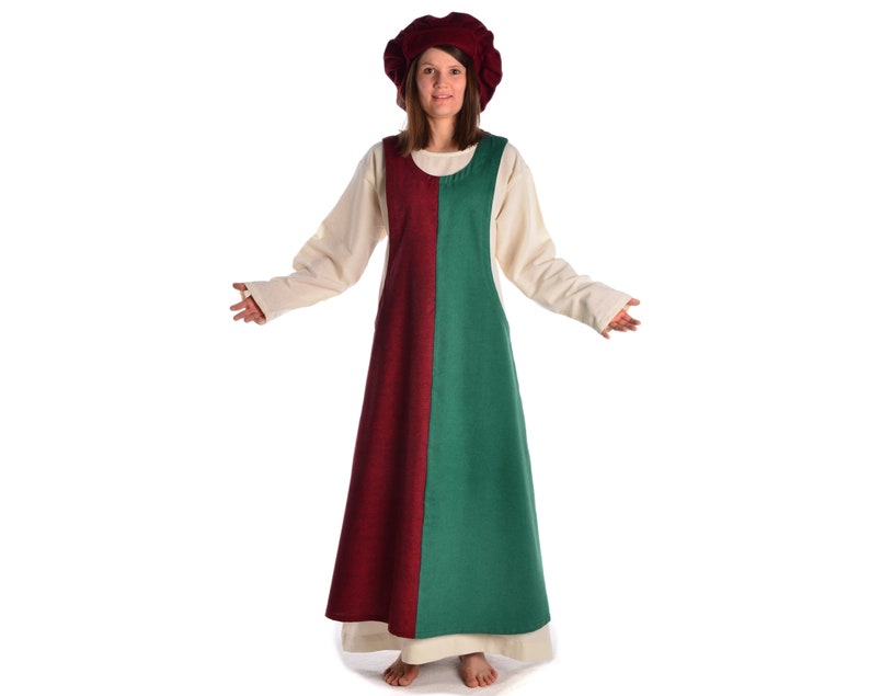 Medieval Surkot Mi-Parti Overdress Two-Tone Irekel Made of Cotton Medieval dress HEMAD Rot-Grün