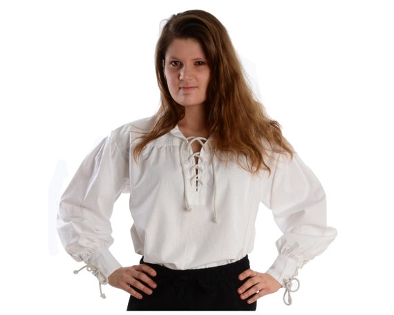 Medieval Blouse Hildburg Cotton White, Black Medieval Gothic LARP Lace-up  Blouse Ladies Collar Blouse Lacing HEMAD Garb 
