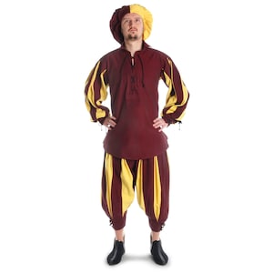 May include: A person wearing a burgundy and yellow striped costume with a yellow and burgundy hat. The costume includes a long-sleeved shirt and pants.
