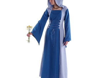 Vestido medieval, damisela en armas, capucha bicolor, corpiño, Liebgart, 100% algodón, LARP | HEMAD
