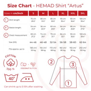Pode incluir: Tabela de tamanhos para a camisa HEMAD Artus, com medidas em cm e polegadas. Inclui comprimento da camisa, comprimento da manga e medidas do peito para tamanhos S a 3XL. Apresenta s&iacute;mbolo de algod&atilde;o, &iacute;cone de bot&atilde;o de coco e instru&ccedil;&otilde;es de lavagem.