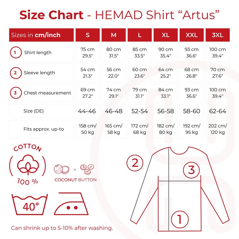 Pode incluir: Tabela de tamanhos para a camisa HEMAD Artus, com medidas em cm e polegadas. Inclui comprimento da camisa, comprimento da manga e medidas do peito para tamanhos S a 3XL. Apresenta s&iacute;mbolo de algod&atilde;o, &iacute;cone de bot&atilde;o de coco e instru&ccedil;&otilde;es de lavagem.