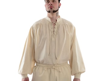 Veterblouse katoenen middeleeuws piratenoverhemd opstaand kraagoverhemd Artus | Piratenshirt losvallend