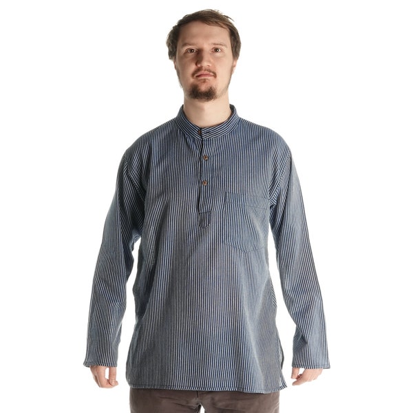 Fischerhemd Kurta Grandpa Shirt  Goa Hippie Boho dunkelblau-weiß gestreift aus Baumwolle S bis XXXL Langarm | Sommer Ethno Freizeithemd