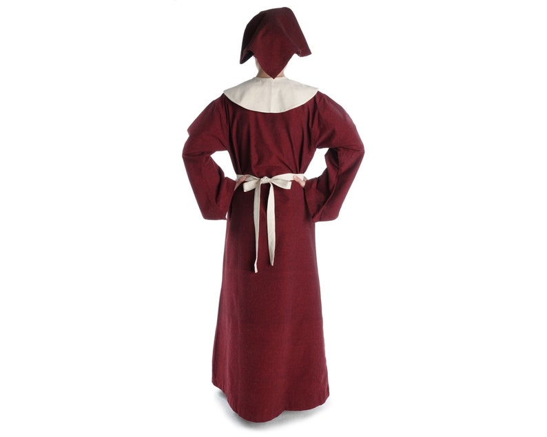 May include: A long, burgundy robe with a white collar and a white sash. The robe has long sleeves and a hood.