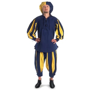 May include: A blue and yellow medieval costume with a matching hat. The costume features a blue tunic with yellow striped sleeves and yellow striped pants.