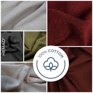 Pode incluir: Uma colagem de amostras de tecido em v&aacute;rias cores, incluindo cinza, vermelho, preto, verde oliva e creme. Um gr&aacute;fico circular com o texto "100% Cotton" e um &iacute;cone de planta de algod&atilde;o tamb&eacute;m est&aacute; presente. A marca "HEMAD" &eacute; vis&iacute;vel.