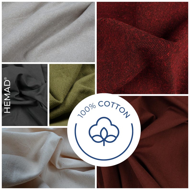 Pode incluir: Uma colagem de amostras de tecido em v&aacute;rias cores, incluindo cinza, vermelho, preto, verde oliva e creme. Um gr&aacute;fico circular com o texto "100% Cotton" e um &iacute;cone de planta de algod&atilde;o tamb&eacute;m est&aacute; presente. A marca "HEMAD" &eacute; vis&iacute;vel.