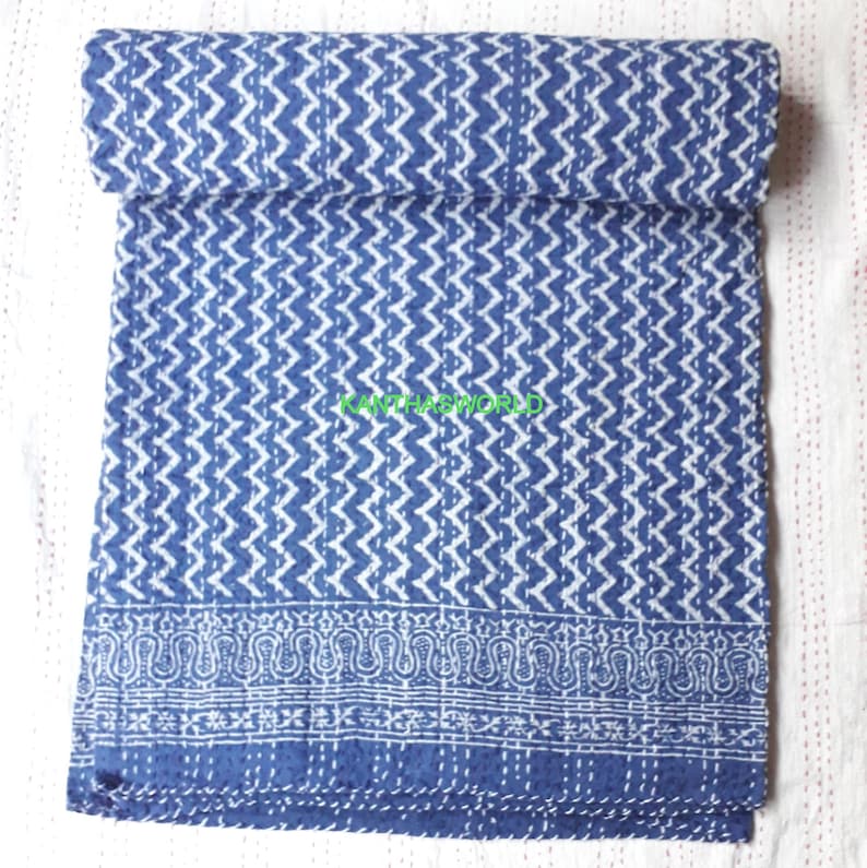 Indigo Blue Print Kantha Blanket Reversible Quilt 100/% Bedspread Organic Cotton