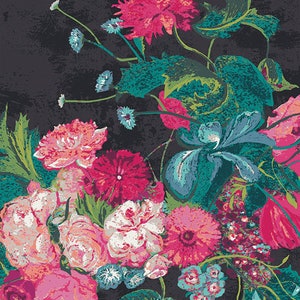 Black background with Pink and Red clusters of flowers by Art Gallery Fabrics, 100% Premium Cotton, 44-45" Wide, Sold by the Half Yard