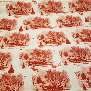 Beautiful red and white toile with horse-drawn carriage dashing through the snow.  From Yuletide by Riley Blake.