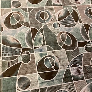 May include: Abstract geometric pattern in shades of teal, brown, and gray. The design features overlapping circles, ovals, and squares with white outlines. The pattern includes textured elements like dots and lines, creating a layered effect.