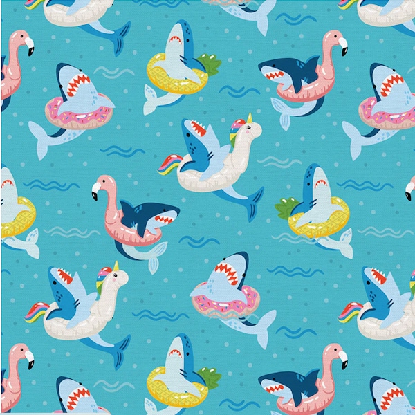 Fun in the :Sun Shark Attack by Caroline Alfreds for Paintbrush Studios is not as scary as it sounds -fun print of unicorns & sharks at play