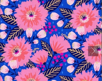Vibrant Blooms. Dahlia Party by Jess Phoenix for Paintbrush Studios is a bright, vibrant floral print in a striking blue and hot pink.