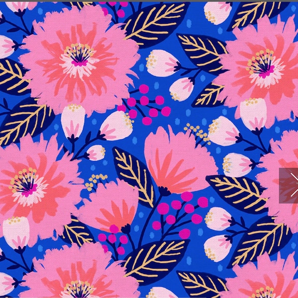 Vibrant Blooms. Dahlia Party by Jess Phoenix for Paintbrush Studios is a bright, vibrant floral print in a striking blue and hot pink.